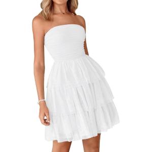 imagePRETTYGARDEN Womens Tulle Dress Strapless Tube Top Short Dress Summer Ruffle Tiered Party Wedding Guest DressesWhite