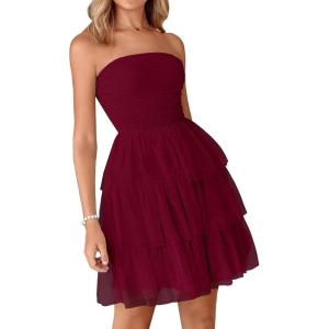 imagePRETTYGARDEN Womens Tulle Dress Strapless Tube Top Short Dress Summer Ruffle Tiered Party Wedding Guest DressesWine Red