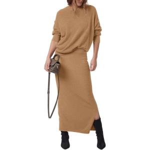 imagePRETTYGARDEN Womens Two Piece Matching Sweater Sets Knit Long Sleeve Pullover Tops Bodycon Long Maxi Skirts Fall OutfitsKhaki