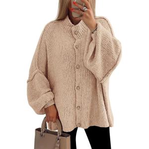 imagePRETTYGARDEN Womens Winter Button Down Cardigan Sweaters Mock Neck Lantern Long Sleeve Chunky Knit Jacket Trendy OuterwearApricot