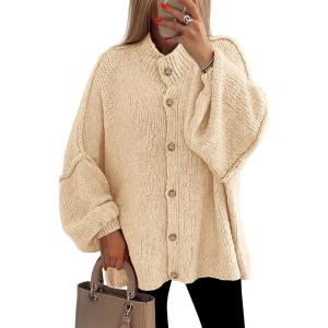 imagePRETTYGARDEN Womens Winter Button Down Cardigan Sweaters Mock Neck Lantern Long Sleeve Chunky Knit Jacket Trendy OuterwearBeige