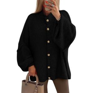 imagePRETTYGARDEN Womens Winter Button Down Cardigan Sweaters Mock Neck Lantern Long Sleeve Chunky Knit Jacket Trendy OuterwearBlack