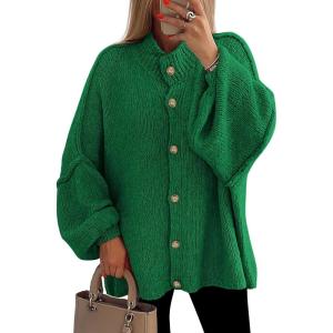 imagePRETTYGARDEN Womens Winter Button Down Cardigan Sweaters Mock Neck Lantern Long Sleeve Chunky Knit Jacket Trendy OuterwearGreen