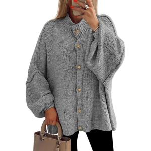 imagePRETTYGARDEN Womens Winter Button Down Cardigan Sweaters Mock Neck Lantern Long Sleeve Chunky Knit Jacket Trendy OuterwearGrey