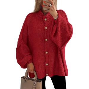 imagePRETTYGARDEN Womens Winter Button Down Cardigan Sweaters Mock Neck Lantern Long Sleeve Chunky Knit Jacket Trendy OuterwearJujube Red