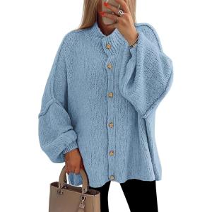 imagePRETTYGARDEN Womens Winter Button Down Cardigan Sweaters Mock Neck Lantern Long Sleeve Chunky Knit Jacket Trendy OuterwearLight Blue