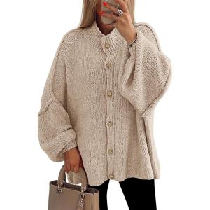 imagePRETTYGARDEN Womens Winter Button Down Cardigan Sweaters Mock Neck Lantern Long Sleeve Chunky Knit Jacket Trendy OuterwearLight Khaki