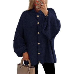 imagePRETTYGARDEN Womens Winter Button Down Cardigan Sweaters Mock Neck Lantern Long Sleeve Chunky Knit Jacket Trendy OuterwearNavy