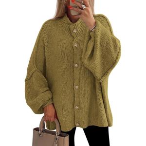 imagePRETTYGARDEN Womens Winter Button Down Cardigan Sweaters Mock Neck Lantern Long Sleeve Chunky Knit Jacket Trendy OuterwearOlive Green