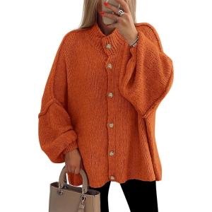 imagePRETTYGARDEN Womens Winter Button Down Cardigan Sweaters Mock Neck Lantern Long Sleeve Chunky Knit Jacket Trendy OuterwearOrange