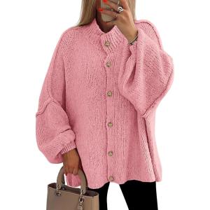 imagePRETTYGARDEN Womens Winter Button Down Cardigan Sweaters Mock Neck Lantern Long Sleeve Chunky Knit Jacket Trendy OuterwearPink
