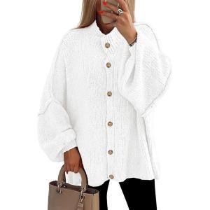 imagePRETTYGARDEN Womens Winter Button Down Cardigan Sweaters Mock Neck Lantern Long Sleeve Chunky Knit Jacket Trendy OuterwearWhite