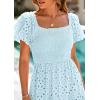 imagePRETTYGARDEN Summer Dresses for Women 2025 Eyelet Square Neck Puff Sleeve Smocked Wedding Guest Maxi Dress with PocketsLight Blue
