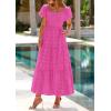 imagePRETTYGARDEN Summer Dresses for Women 2025 Eyelet Square Neck Puff Sleeve Smocked Wedding Guest Maxi Dress with PocketsRose Pink