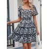imagePRETTYGARDEN Womens 2025 Floral Summer Short Dress Square Neck Short Sleeve Tiered Ruffle Boho Swing DressesBlack Blue Floral