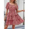 imagePRETTYGARDEN Womens 2025 Floral Summer Short Dress Square Neck Short Sleeve Tiered Ruffle Boho Swing DressesBlack Orange Floral