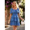 imagePRETTYGARDEN Womens 2025 Floral Summer Short Dress Square Neck Short Sleeve Tiered Ruffle Boho Swing DressesBlue