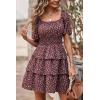 imagePRETTYGARDEN Womens 2025 Floral Summer Short Dress Square Neck Short Sleeve Tiered Ruffle Boho Swing DressesCoffee
