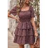 imagePRETTYGARDEN Womens 2025 Floral Summer Short Dress Square Neck Short Sleeve Tiered Ruffle Boho Swing DressesCoffee