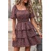 imagePRETTYGARDEN Womens 2025 Floral Summer Short Dress Square Neck Short Sleeve Tiered Ruffle Boho Swing DressesCoffee