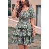 imagePRETTYGARDEN Womens 2025 Floral Summer Short Dress Square Neck Short Sleeve Tiered Ruffle Boho Swing DressesDark Green