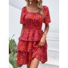 imagePRETTYGARDEN Womens 2025 Floral Summer Short Dress Square Neck Short Sleeve Tiered Ruffle Boho Swing DressesOrange Purple Floral
