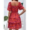 imagePRETTYGARDEN Womens 2025 Floral Summer Short Dress Square Neck Short Sleeve Tiered Ruffle Boho Swing DressesOrange Purple Floral
