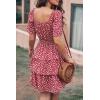 imagePRETTYGARDEN Womens 2025 Floral Summer Short Dress Square Neck Short Sleeve Tiered Ruffle Boho Swing DressesRed