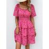 imagePRETTYGARDEN Womens 2025 Floral Summer Short Dress Square Neck Short Sleeve Tiered Ruffle Boho Swing DressesRed Floral