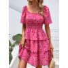imagePRETTYGARDEN Womens 2025 Floral Summer Short Dress Square Neck Short Sleeve Tiered Ruffle Boho Swing DressesRed Floral