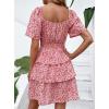 imagePRETTYGARDEN Womens 2025 Floral Summer Short Dress Square Neck Short Sleeve Tiered Ruffle Boho Swing DressesRed Pink Floral