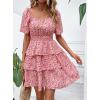 imagePRETTYGARDEN Womens 2025 Floral Summer Short Dress Square Neck Short Sleeve Tiered Ruffle Boho Swing DressesRed Pink Floral