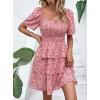 imagePRETTYGARDEN Womens 2025 Floral Summer Short Dress Square Neck Short Sleeve Tiered Ruffle Boho Swing DressesRed Pink Floral