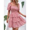imagePRETTYGARDEN Womens 2025 Floral Summer Short Dress Square Neck Short Sleeve Tiered Ruffle Boho Swing DressesRed Pink Floral