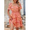 imagePRETTYGARDEN Womens 2025 Floral Summer Short Dress Square Neck Short Sleeve Tiered Ruffle Boho Swing DressesRose Red Floral