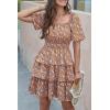 imagePRETTYGARDEN Womens 2025 Floral Summer Short Dress Square Neck Short Sleeve Tiered Ruffle Boho Swing DressesTurmeric