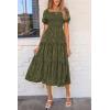 imagePRETTYGARDEN Womens 2025 Summer Casual Midi Dresses Square Neck Short Sleeve Smocked A Line Floral Flowy Elegant Boho DressArmy Green