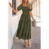 imagePRETTYGARDEN Womens 2025 Summer Casual Midi Dresses Square Neck Short Sleeve Smocked A Line Floral Flowy Elegant Boho DressArmy Green