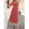 imagePRETTYGARDEN Womens 2025 Summer Casual Midi Dresses Square Neck Short Sleeve Smocked A Line Floral Flowy Elegant Boho DressBean Paste Red