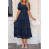 imagePRETTYGARDEN Womens 2025 Summer Casual Midi Dresses Square Neck Short Sleeve Smocked A Line Floral Flowy Elegant Boho DressDark Blue