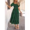 imagePRETTYGARDEN Womens 2025 Summer Casual Midi Dresses Square Neck Short Sleeve Smocked A Line Floral Flowy Elegant Boho DressDark Green