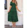 imagePRETTYGARDEN Womens 2025 Summer Casual Midi Dresses Square Neck Short Sleeve Smocked A Line Floral Flowy Elegant Boho DressDark Green