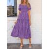 imagePRETTYGARDEN Womens 2025 Summer Casual Midi Dresses Square Neck Short Sleeve Smocked A Line Floral Flowy Elegant Boho DressDark Purple