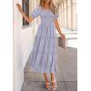 imagePRETTYGARDEN Womens 2025 Summer Casual Midi Dresses Square Neck Short Sleeve Smocked A Line Floral Flowy Elegant Boho DressGrey Blue