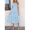 imagePRETTYGARDEN Womens 2025 Summer Casual Midi Dresses Square Neck Short Sleeve Smocked A Line Floral Flowy Elegant Boho DressLight Blue