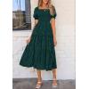 imagePRETTYGARDEN Womens 2025 Summer Casual Midi Dresses Square Neck Short Sleeve Smocked A Line Floral Flowy Elegant Boho DressMalachite Green