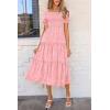 imagePRETTYGARDEN Womens 2025 Summer Casual Midi Dresses Square Neck Short Sleeve Smocked A Line Floral Flowy Elegant Boho DressPink