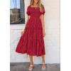 imagePRETTYGARDEN Womens 2025 Summer Casual Midi Dresses Square Neck Short Sleeve Smocked A Line Floral Flowy Elegant Boho DressRed