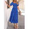 imagePRETTYGARDEN Womens 2025 Summer Casual Midi Dresses Square Neck Short Sleeve Smocked A Line Floral Flowy Elegant Boho DressRoyal Blue