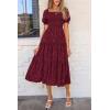imagePRETTYGARDEN Womens 2025 Summer Casual Midi Dresses Square Neck Short Sleeve Smocked A Line Floral Flowy Elegant Boho DressWine Red